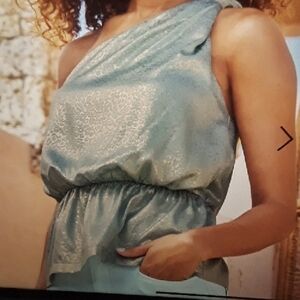 Silky pale green leopard Jacquard one twisted shoulder peplum blouson top